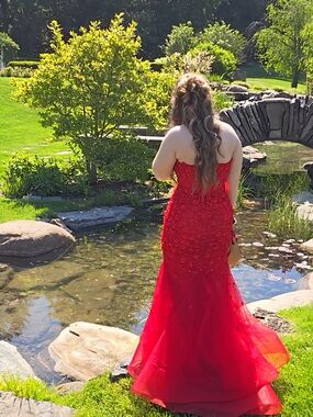 Red Strapless Embellished Mermaid Prom Gown